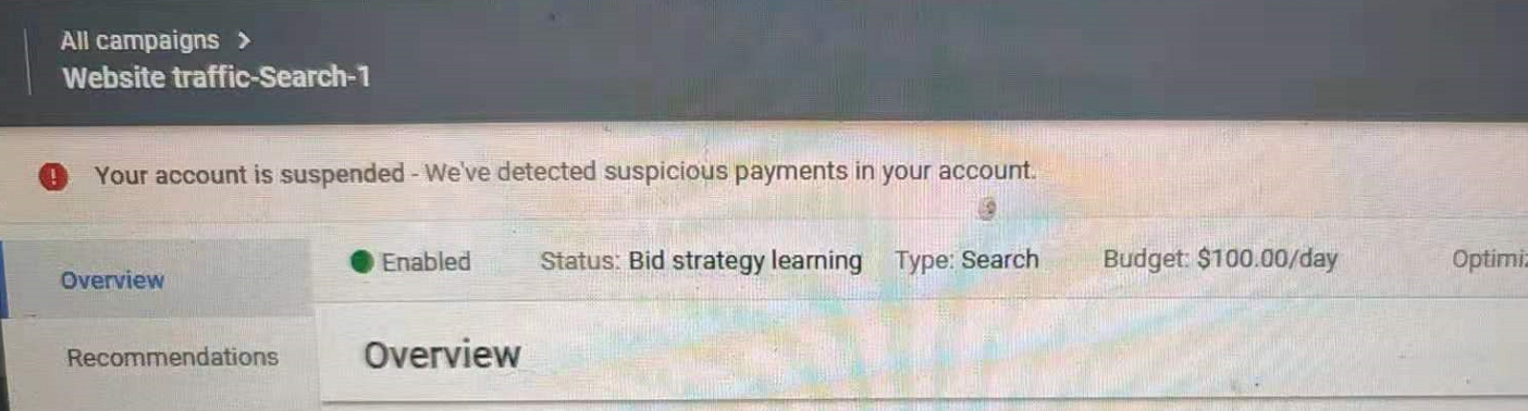 google ads广告账户可疑支付被封,怎么办?